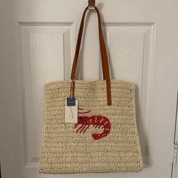 NWT Universal Thread Straw Straw Packable Tote Bag with Red Shrimp Embroidery - Picture 2 of 8